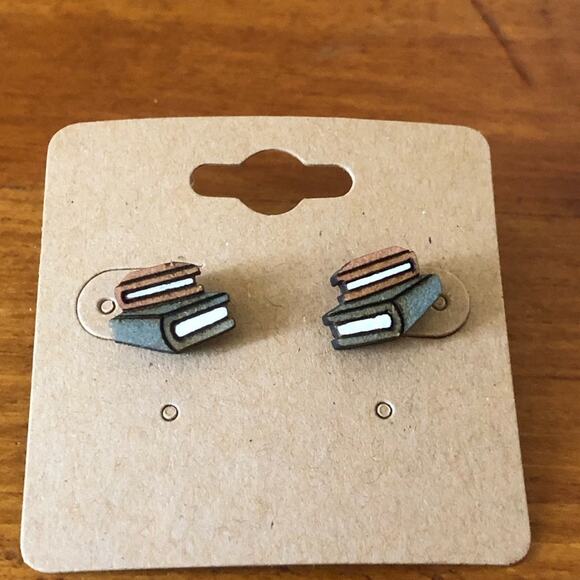 Hand Painted Stack of Books Stud Earrings Hypoallergenic Lightweight Posts - Picture 3 of 4